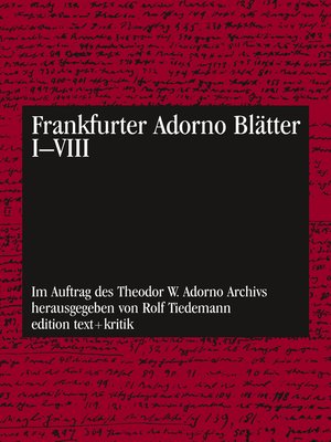 cover image of Frankfurter Adorno Blätter I--VIII